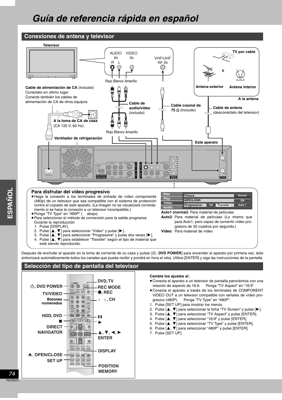 Guía de referencia rápida en español, Es p a ñol, Conexiones de antena y televisor | Selección del tipo de pantalla del televisor, Para disfrutar del vídeo progresivo | Panasonic DMR-HS2 User Manual | Page 74 / 76
