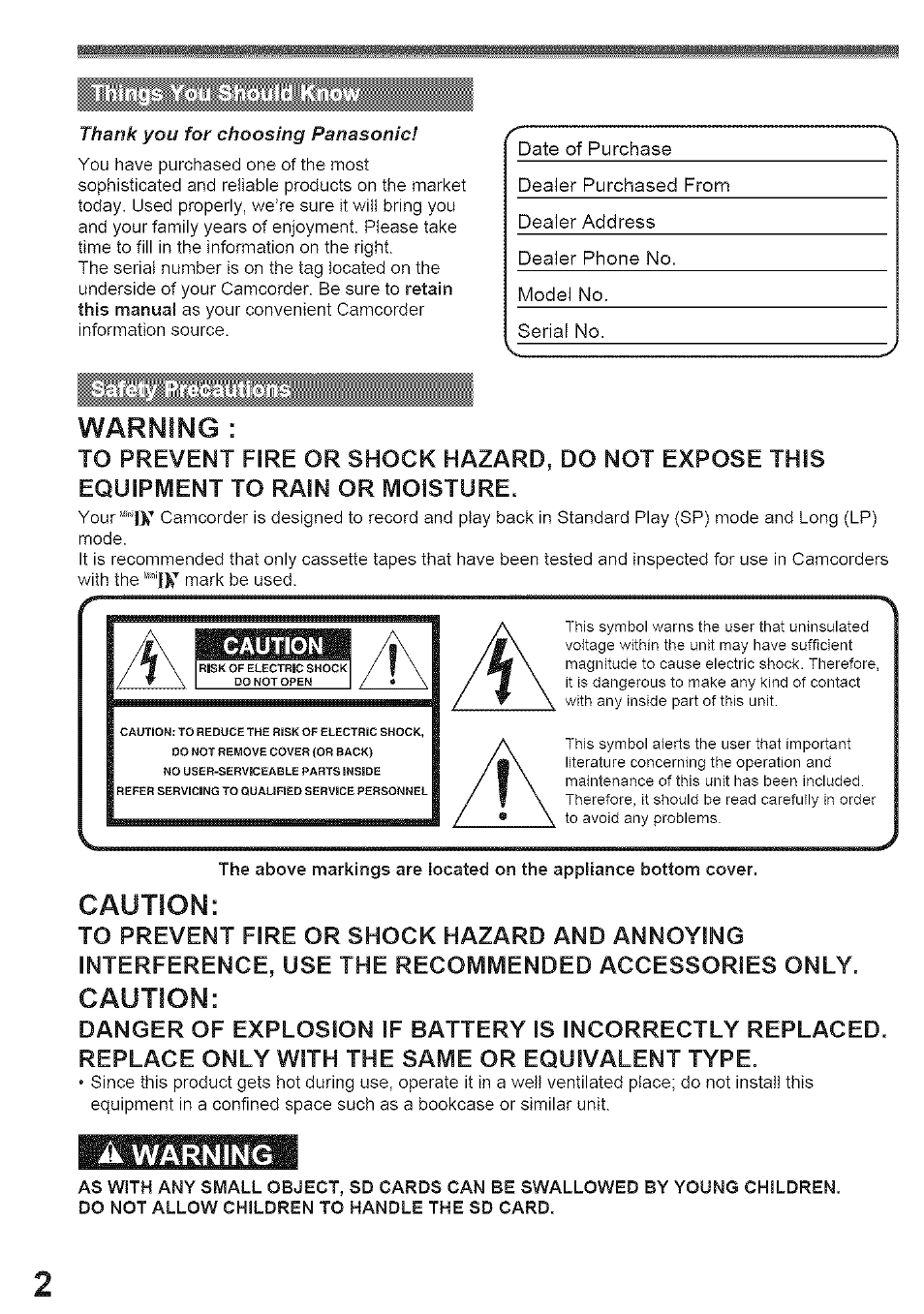 Warning, A warning, This | Equipment to rain or moisture, Caution | Panasonic PV-GS39 User Manual | Page 2 / 92