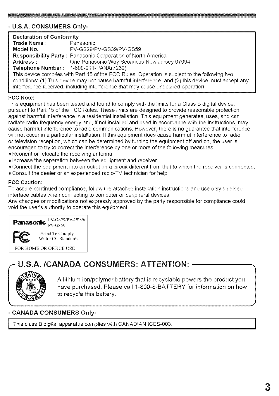 U.s.a. /canada consumers: attention | Panasonic PV-GS39 User Manual | Page 3 / 92