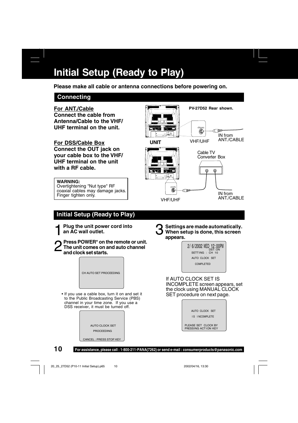 Connections / initial setup, Initial setup (ready to play), Connecting | Panasonic PV 20D52 User Manual | Page 10 / 64