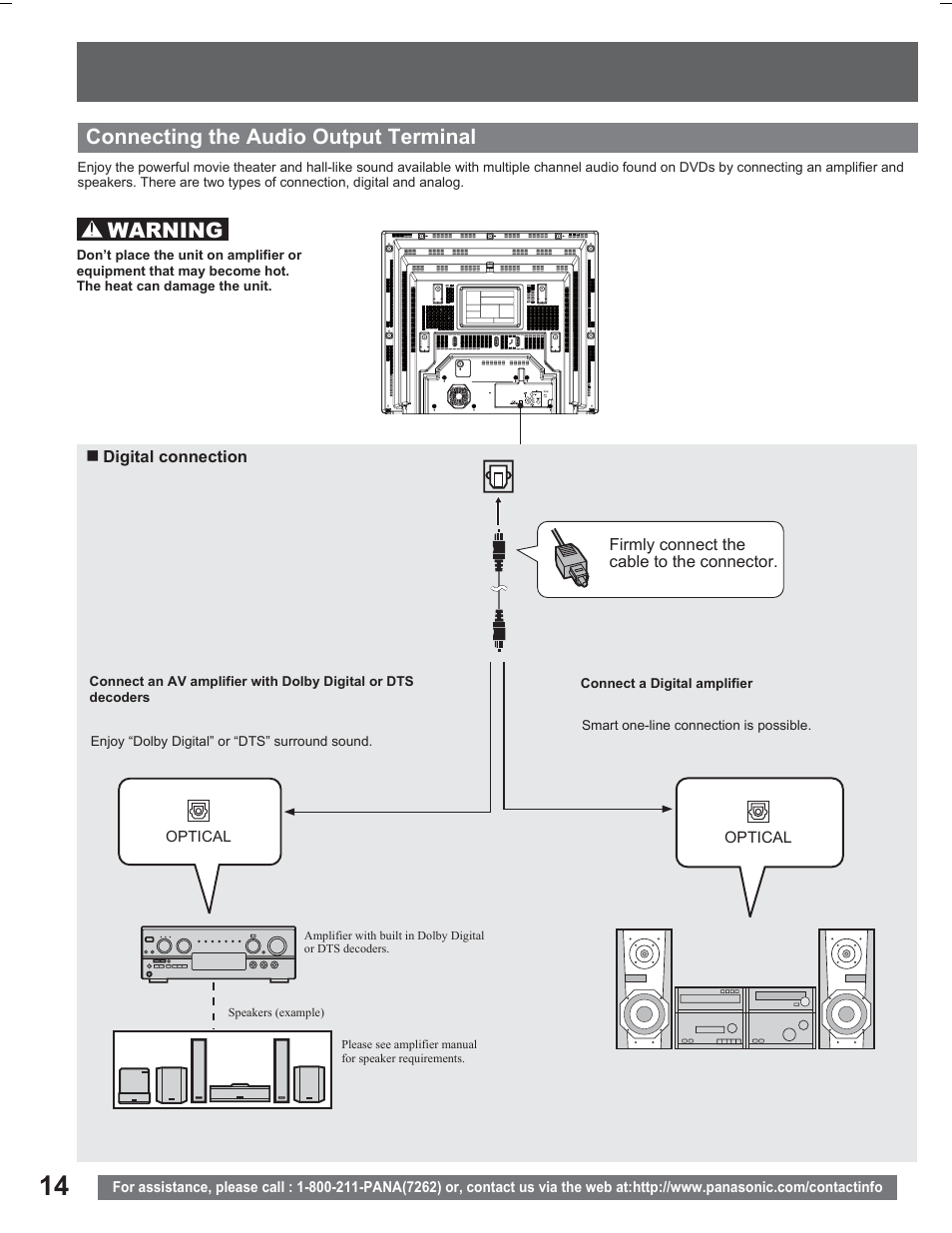Connecting the audio output terminal, Warning | Panasonic PV DR2714 User Manual | Page 14 / 92