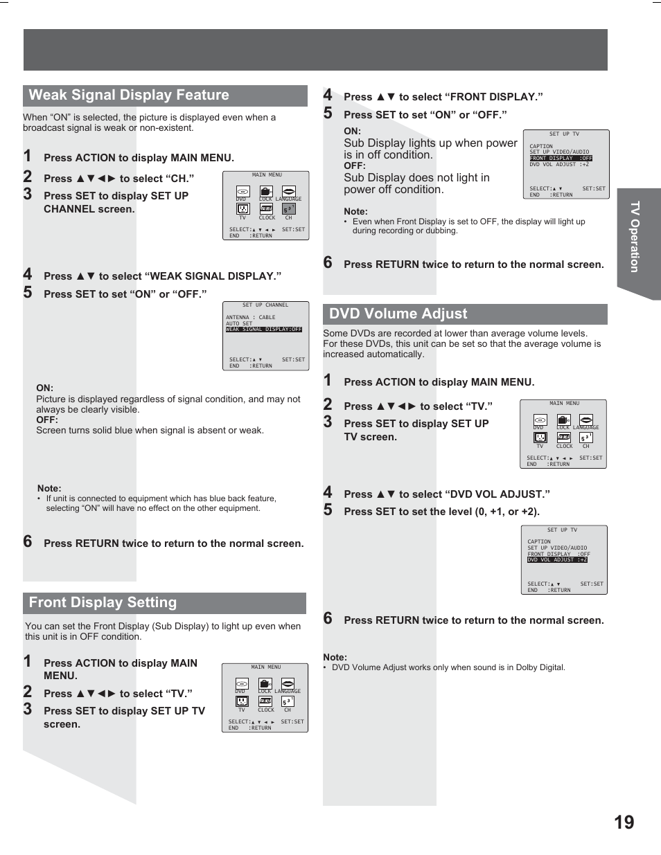 Front display setting, Dvd volume adjust, Weak signal display feature | Panasonic PV DR2714 User Manual | Page 19 / 92