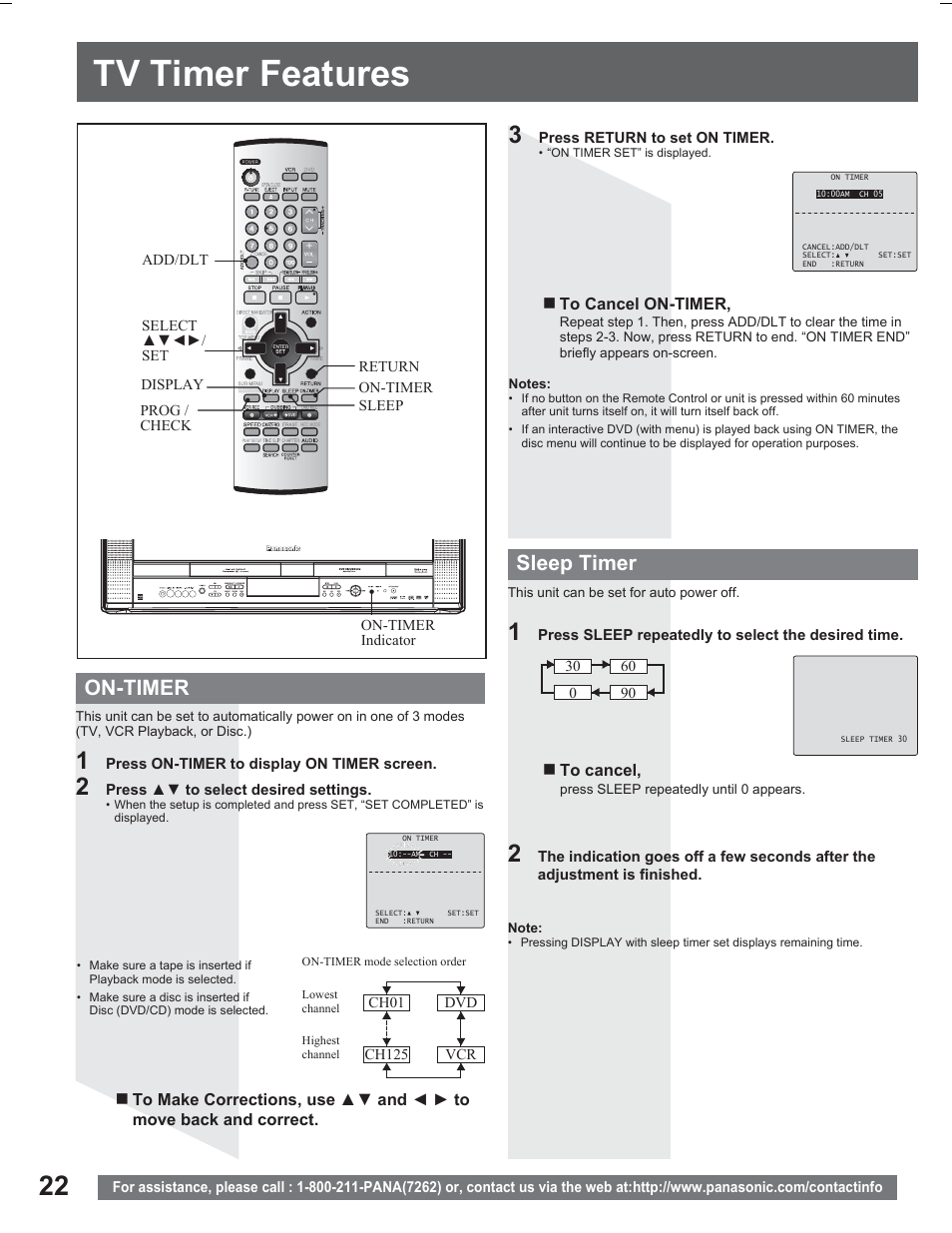 Tv timer features, On-timer sleep timer | Panasonic PV DR2714 User Manual | Page 22 / 92