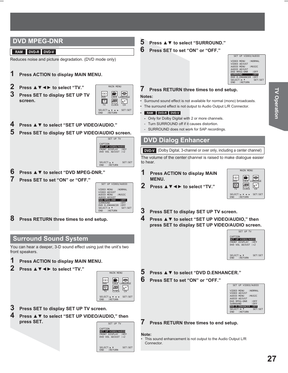 Dvd mpeg-dnr, Surround sound system, Dvd dialog enhancer | Tv operation | Panasonic PV DR2714 User Manual | Page 27 / 92