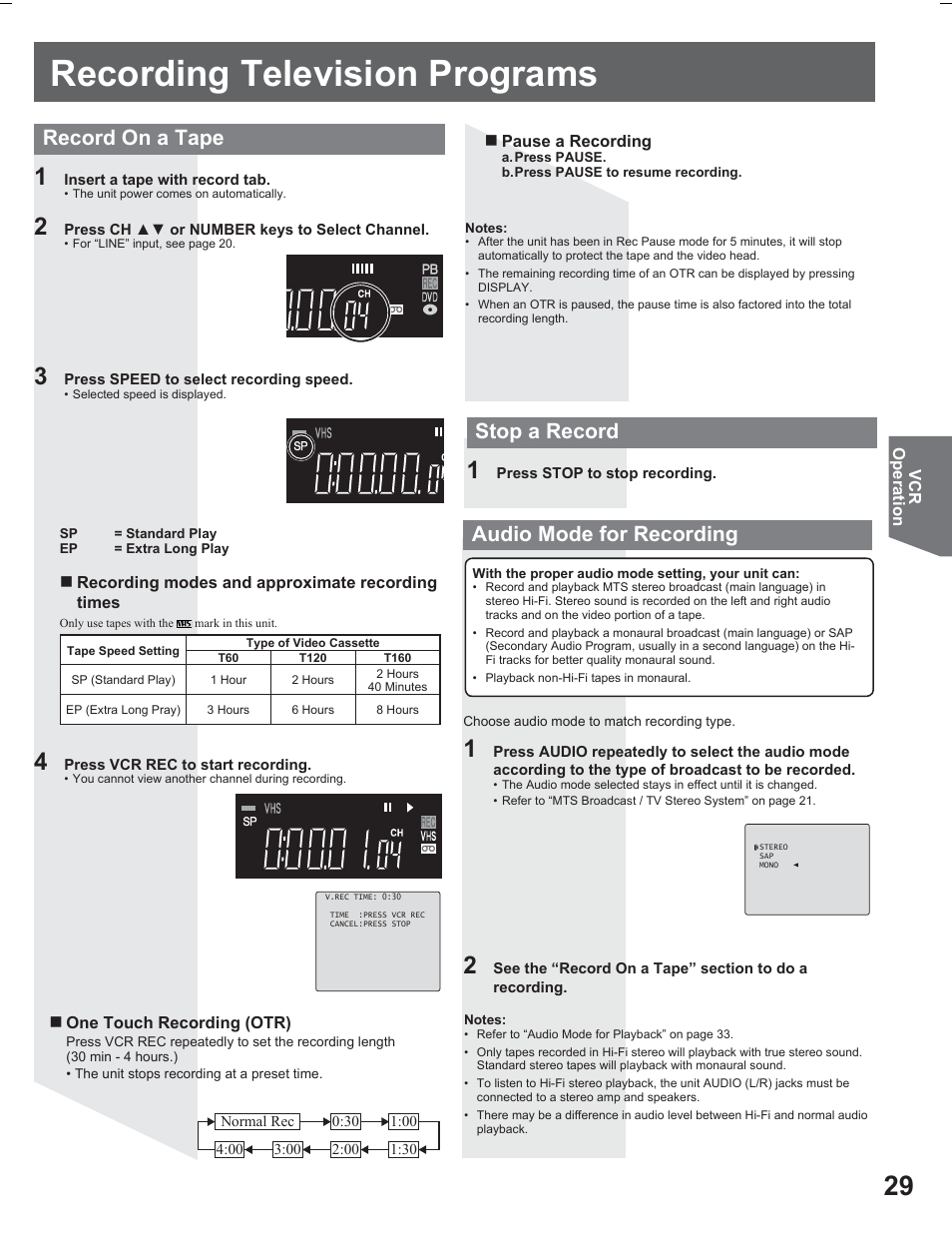 Recording television programs, Record on a tape audio mode for recording, Stop a record | Panasonic PV DR2714 User Manual | Page 29 / 92