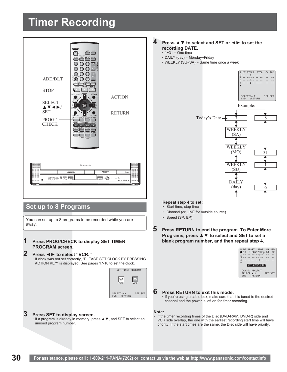 Timer recording, Set up to 8 programs | Panasonic PV DR2714 User Manual | Page 30 / 92