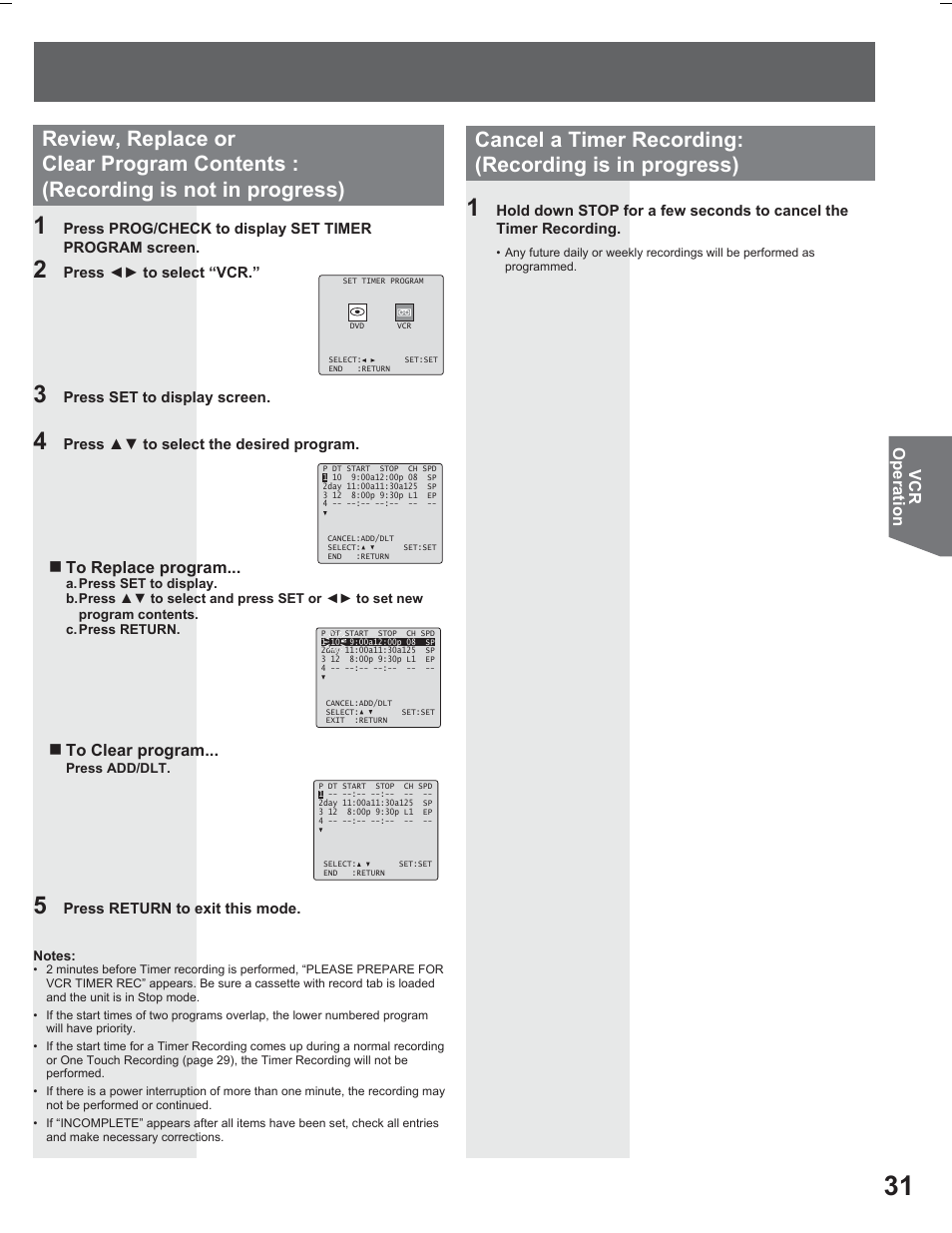 Vcr operation, Press return to exit this mode, Press ÿź to select the desired program | Press żź to select “vcr, Press set to display screen | Panasonic PV DR2714 User Manual | Page 31 / 92