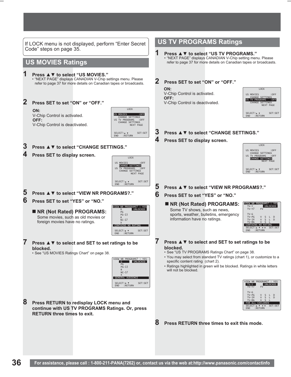 Us tv programs ratings, Us movies ratings, Nr (not rated) programs | Press ÿź to select “us tv programs, Press ÿź to select “change settings, Press set to display screen, Press ÿź to select “view nr programs, Press set to set “yes” or “no, Press return three times to exit this mode, Press set to set “on” or “off | Panasonic PV DR2714 User Manual | Page 36 / 92