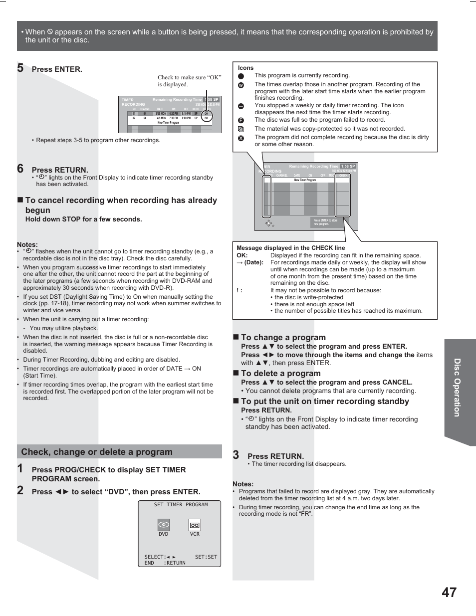 Check, change or delete a program, Disc operation, Press enter | Press return, Press żź to select “dvd”, then press enter | Panasonic PV DR2714 User Manual | Page 47 / 92