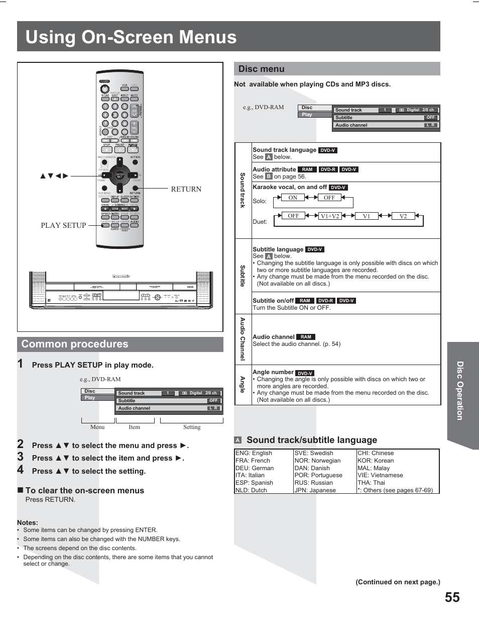 Using on-screen menus, Common procedures, Disc menu | Sound track/subtitle language, Disc operation | Panasonic PV DR2714 User Manual | Page 55 / 92