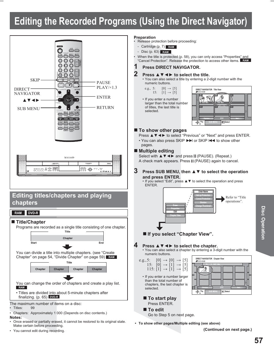Editing titles/chapters and playing chapters, Disc operation, Title/chapter | Multiple editing, If you select “chapter view, Press direct navigator, Press ÿźżź to select the title, Press ÿźżź to select the chapter | Panasonic PV DR2714 User Manual | Page 57 / 92