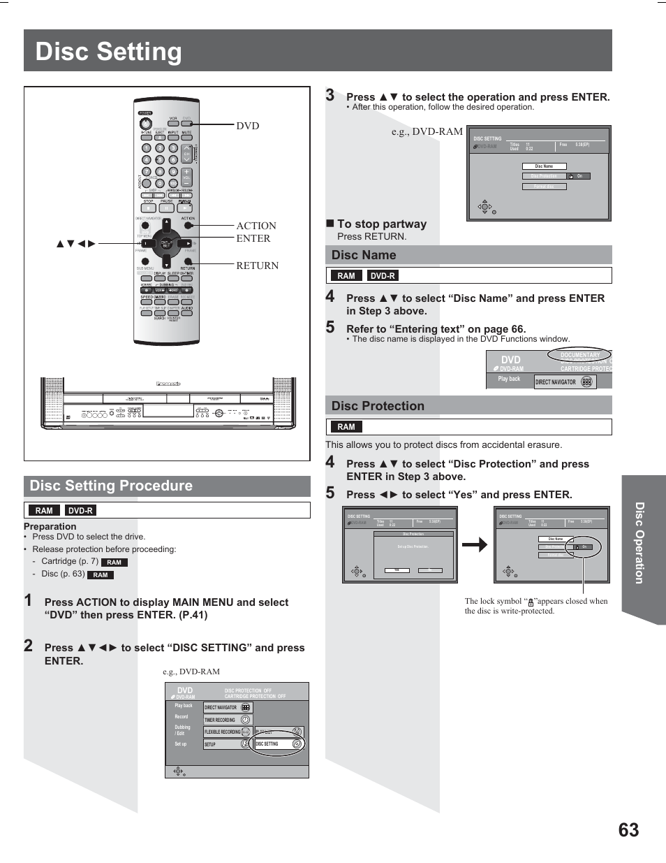 Disc setting, Disc setting procedure, Disc name | Disc protection, Disc operation, E.g., dvd-ram dvd enter return ÿźżź action, Press ÿź to select the operation and press enter, Refer to “entering text” on page 66, Press żź to select “yes” and press enter | Panasonic PV DR2714 User Manual | Page 63 / 92