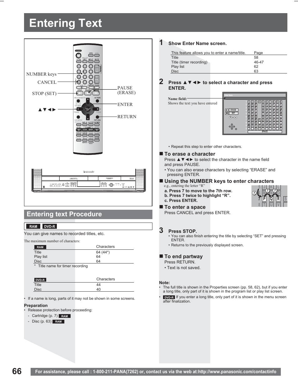 Entering text, Entering text procedure, Using the number keys to enter characters | Show enter name screen, Press ÿźżź to select a character and press enter, Press stop | Panasonic PV DR2714 User Manual | Page 66 / 92