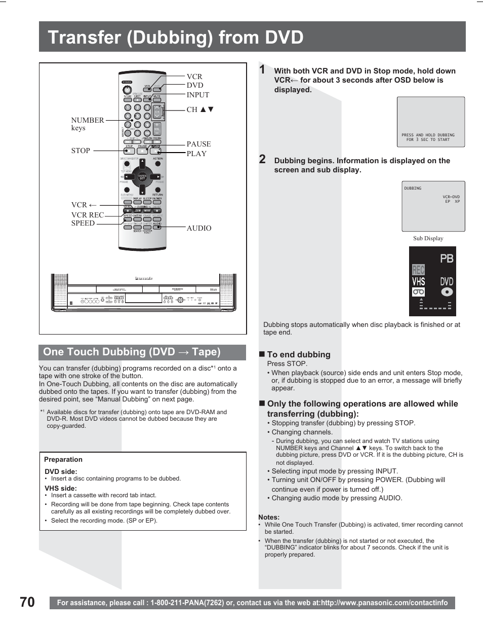 Dubbing operation, Transfer (dubbing) from dvd, Transfer ( dubbing) from dvd | One touch dubbing (dvd ĺ tape) | Panasonic PV DR2714 User Manual | Page 70 / 92