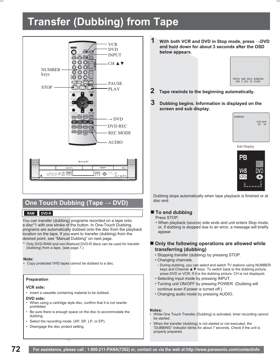 Transfer (dubbing) from tape, One touch dubbing (tape ĺ dvd) | Panasonic PV DR2714 User Manual | Page 72 / 92