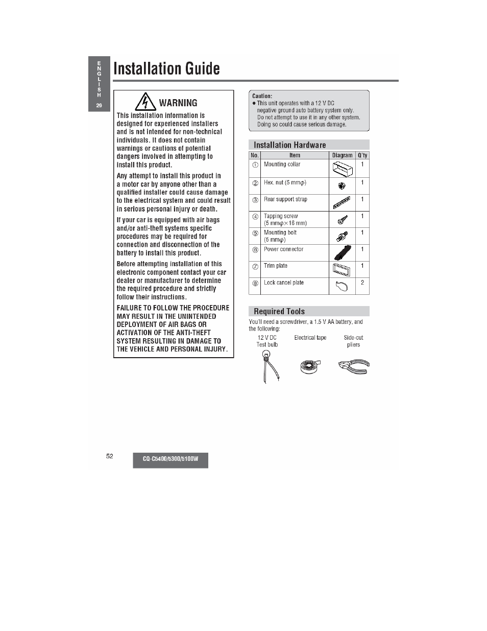Installation guide, Warning | Panasonic CQ-C5100W User Manual | Page 39 / 48