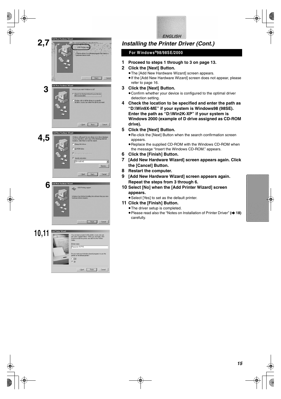 Installing the printer driver (cont.) | Panasonic SV-P10U User Manual | Page 15 / 28