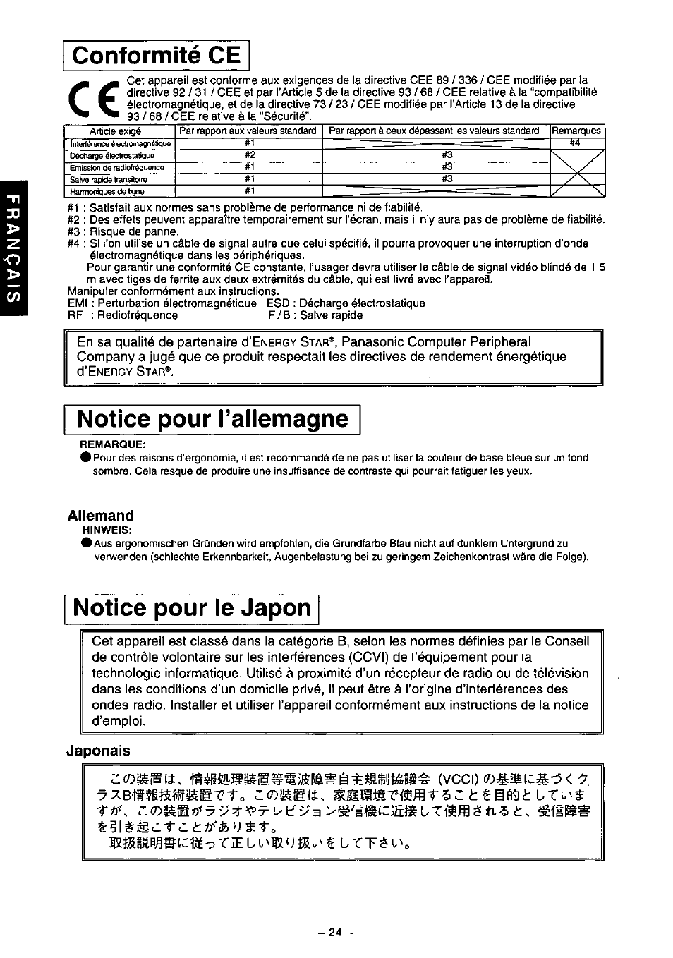 Allemand, Japonais, Conformité ce | Notice pour rallemagne, Notice pour le japon, Tie u иж и =& с г t ¿f ио | Panasonic PANAFLAT TX-D5L31F User Manual | Page 25 / 67