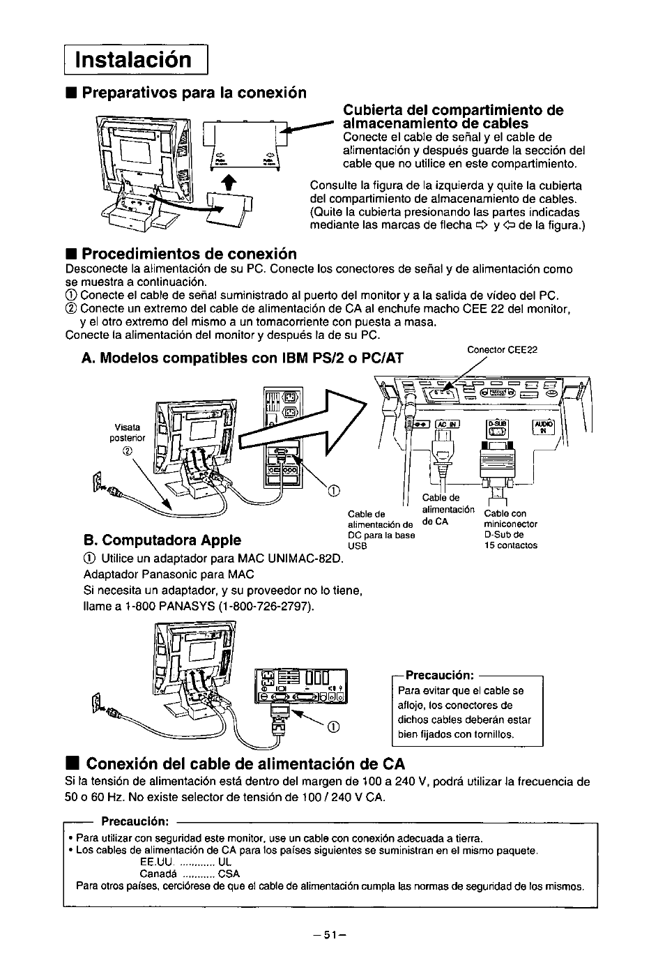 Preparativos para la conexión, Procedimientos de conexión, Conexión del cable de alimentación de ca | Instalación, A. modelos compatibles con ibm ps/2 o pc/at, B. computadora apple | Panasonic PANAFLAT TX-D5L31F User Manual | Page 52 / 67