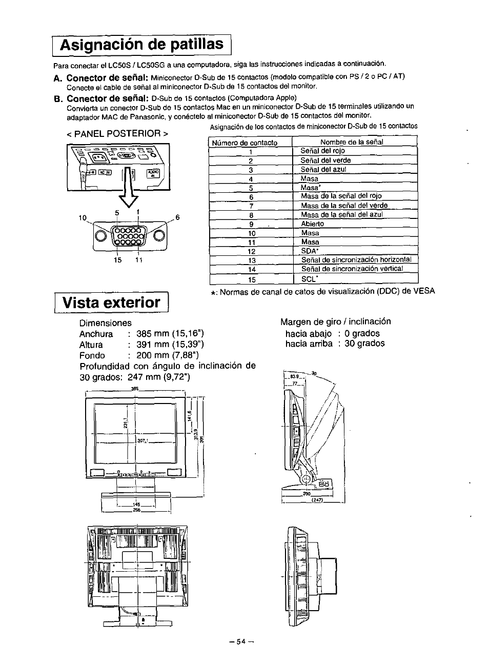 385 mm (15,16“), 391 mm (15,39"), 200 mm (7,88") | Asignación de patilias, Vista exterior | Panasonic PANAFLAT TX-D5L31F User Manual | Page 55 / 67