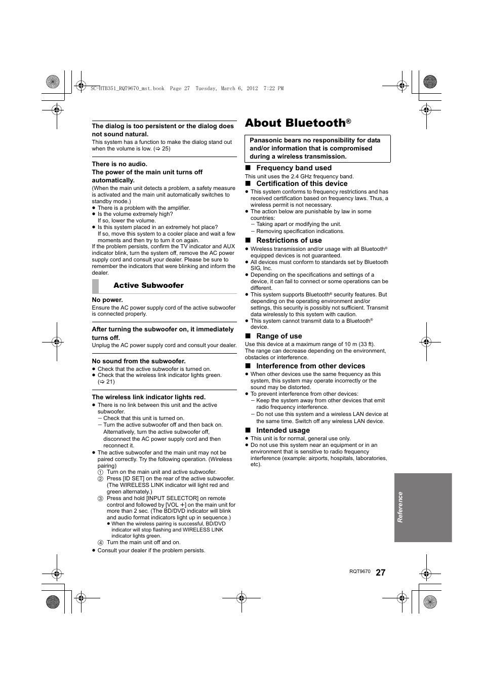 About bluetooth | Panasonic SC-HTB351 User Manual | Page 27 / 32