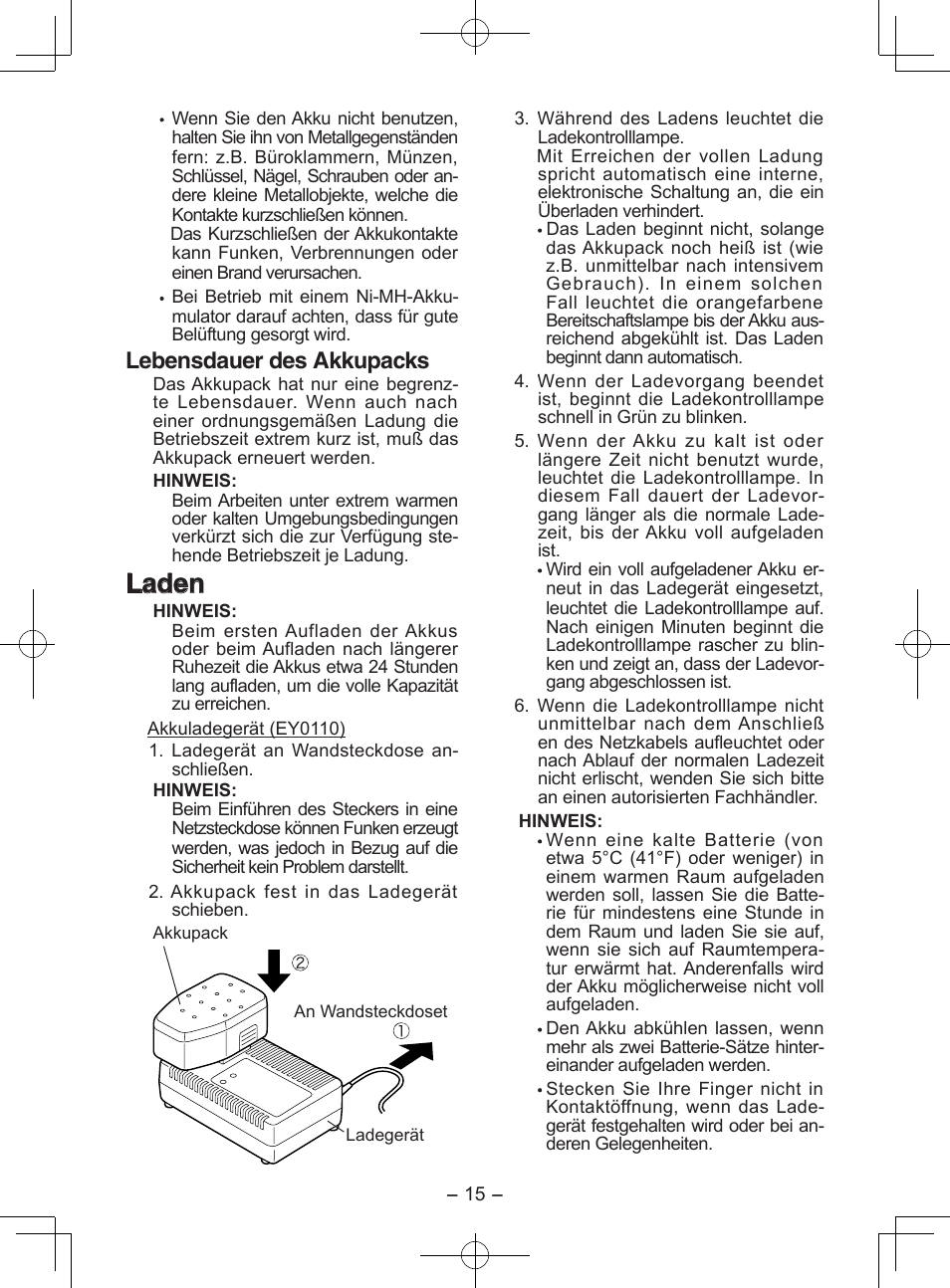 Laden, Lebensdauer des akkupacks | Panasonic EY6950 User Manual | Page 15 / 68