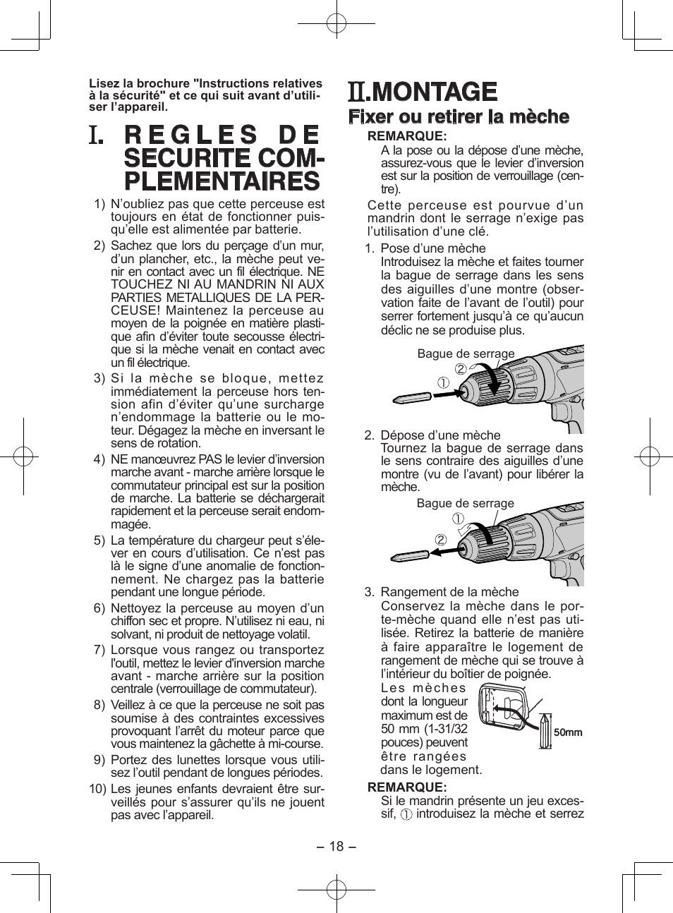 Montage, Fixer ou retirer la mèche | Panasonic EY6950 User Manual | Page 18 / 68