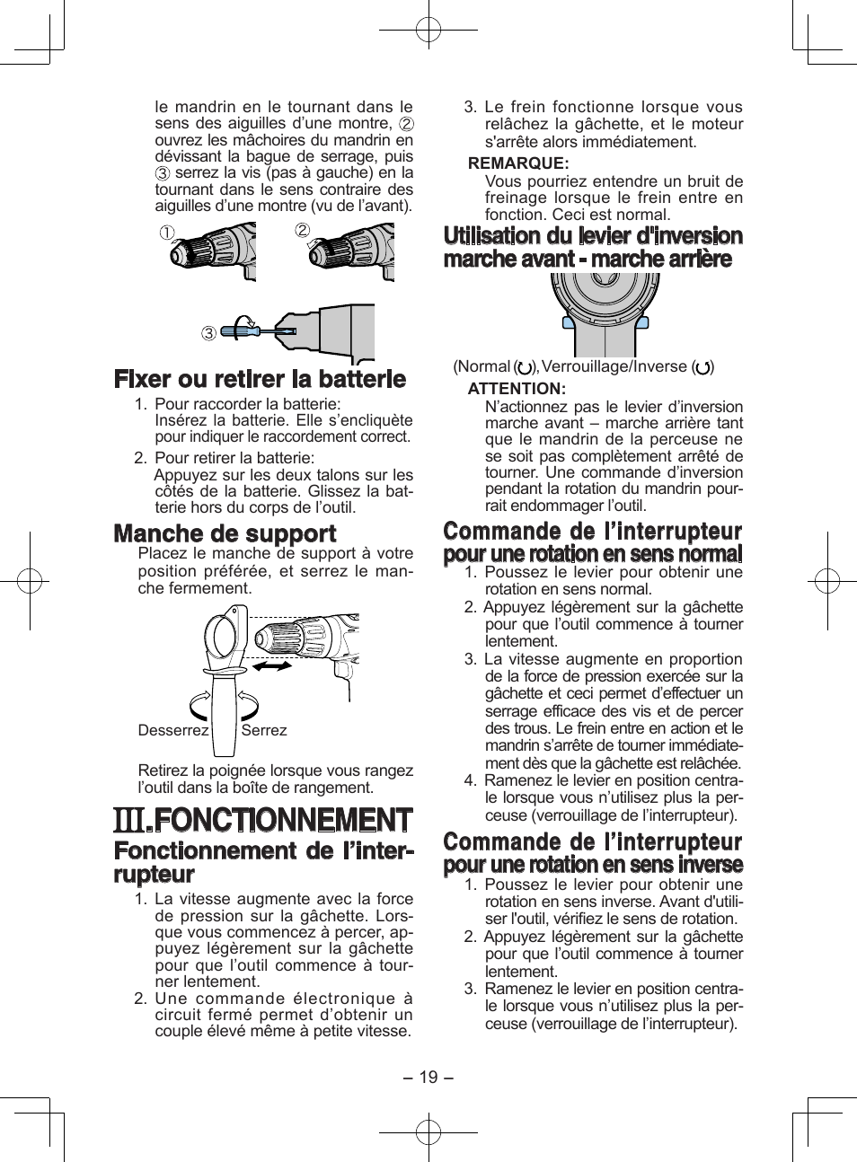 Fonctionnement, Fixer ou retirer la batterie, Manche de support | Fonctionnement de l’inter- rupteur | Panasonic EY6950 User Manual | Page 19 / 68