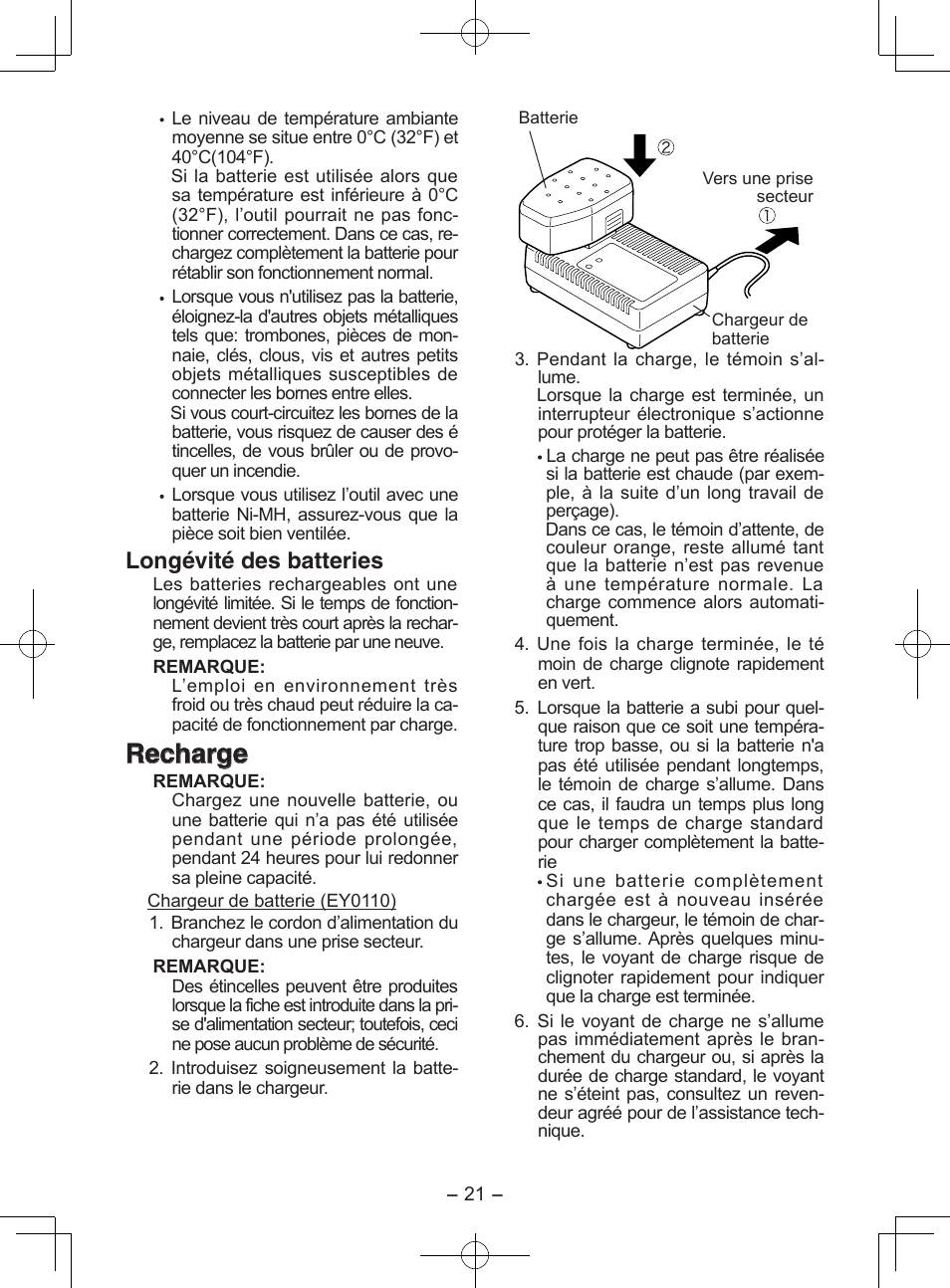 Recharge, Longévité des batteries | Panasonic EY6950 User Manual | Page 21 / 68