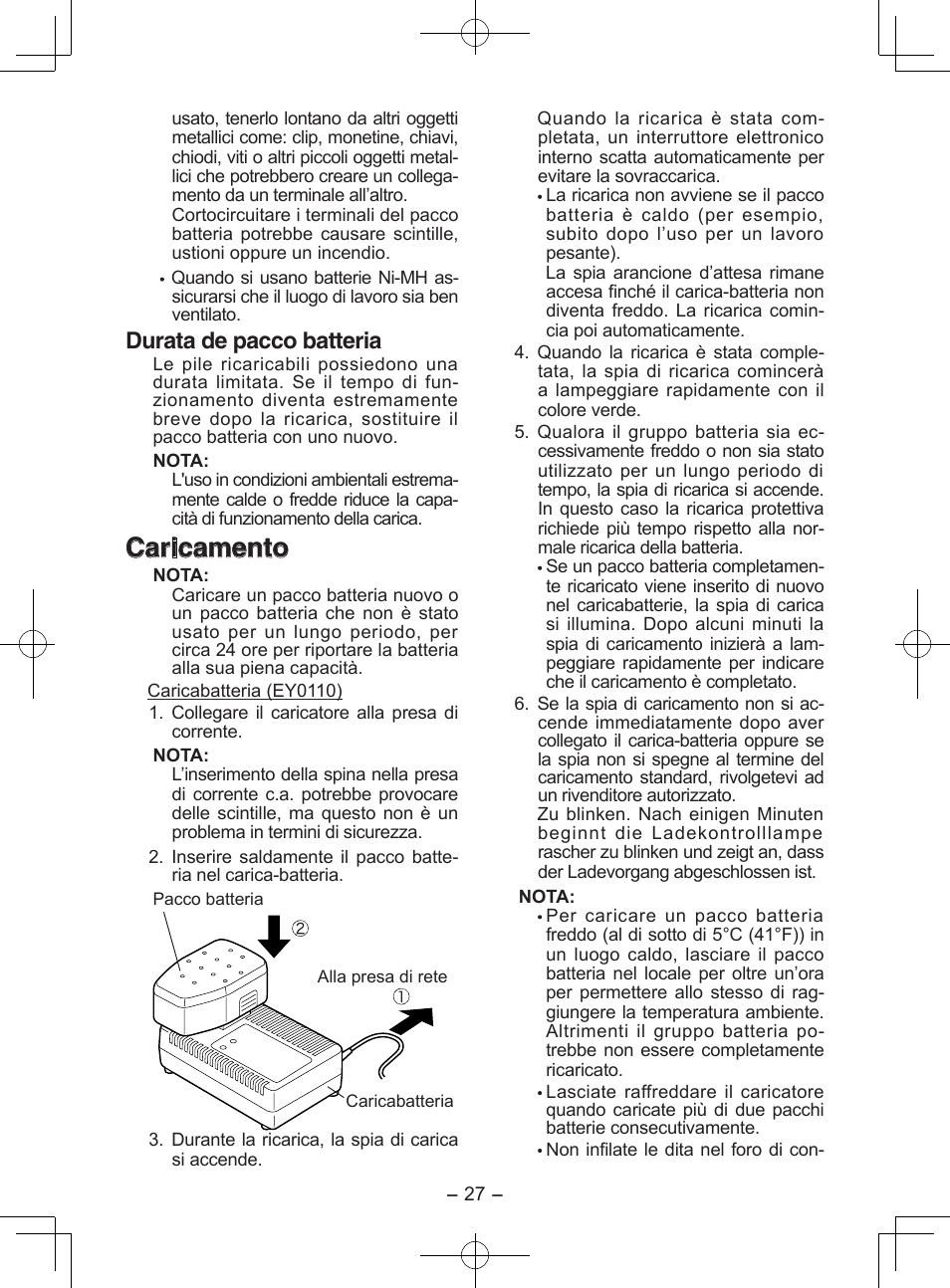 Caricamento, Durata de pacco batteria | Panasonic EY6950 User Manual | Page 27 / 68