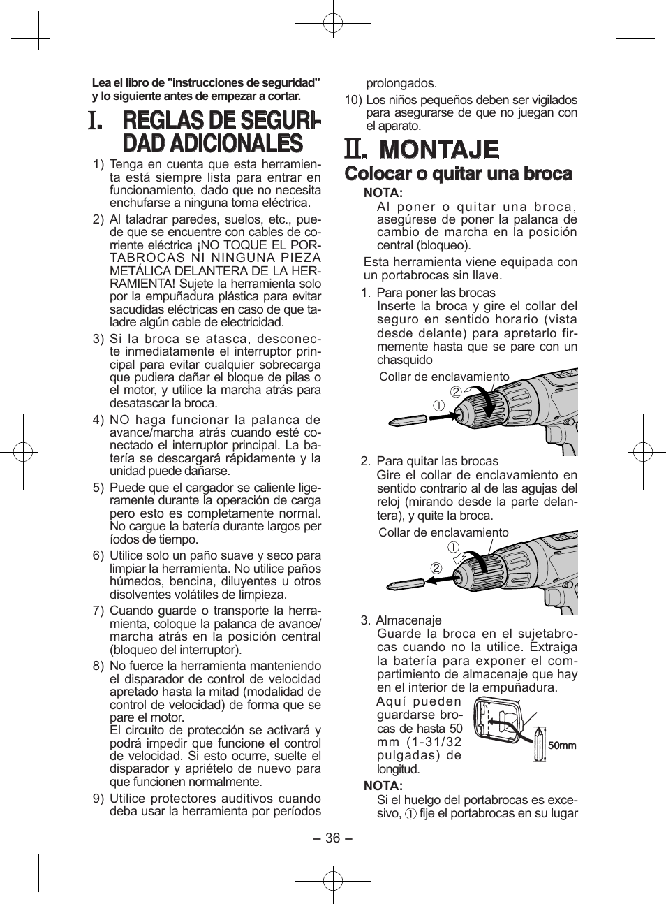 Reglas de seguri- dad adicionales, Montaje, Colocar o quitar una broca | Panasonic EY6950 User Manual | Page 36 / 68