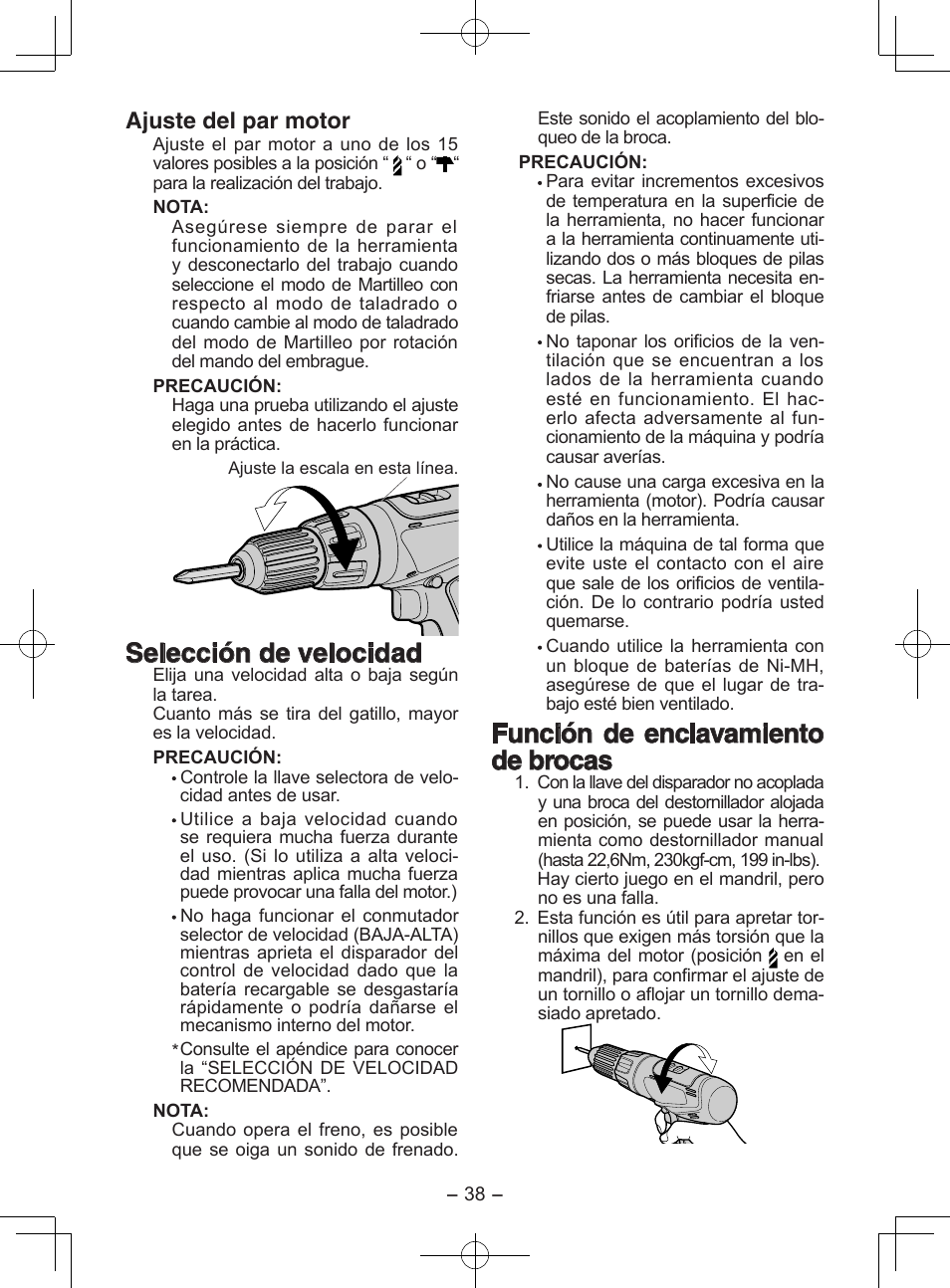 Selección de velocidad, Función de enclavamiento de brocas, Ajuste del par motor | Panasonic EY6950 User Manual | Page 38 / 68