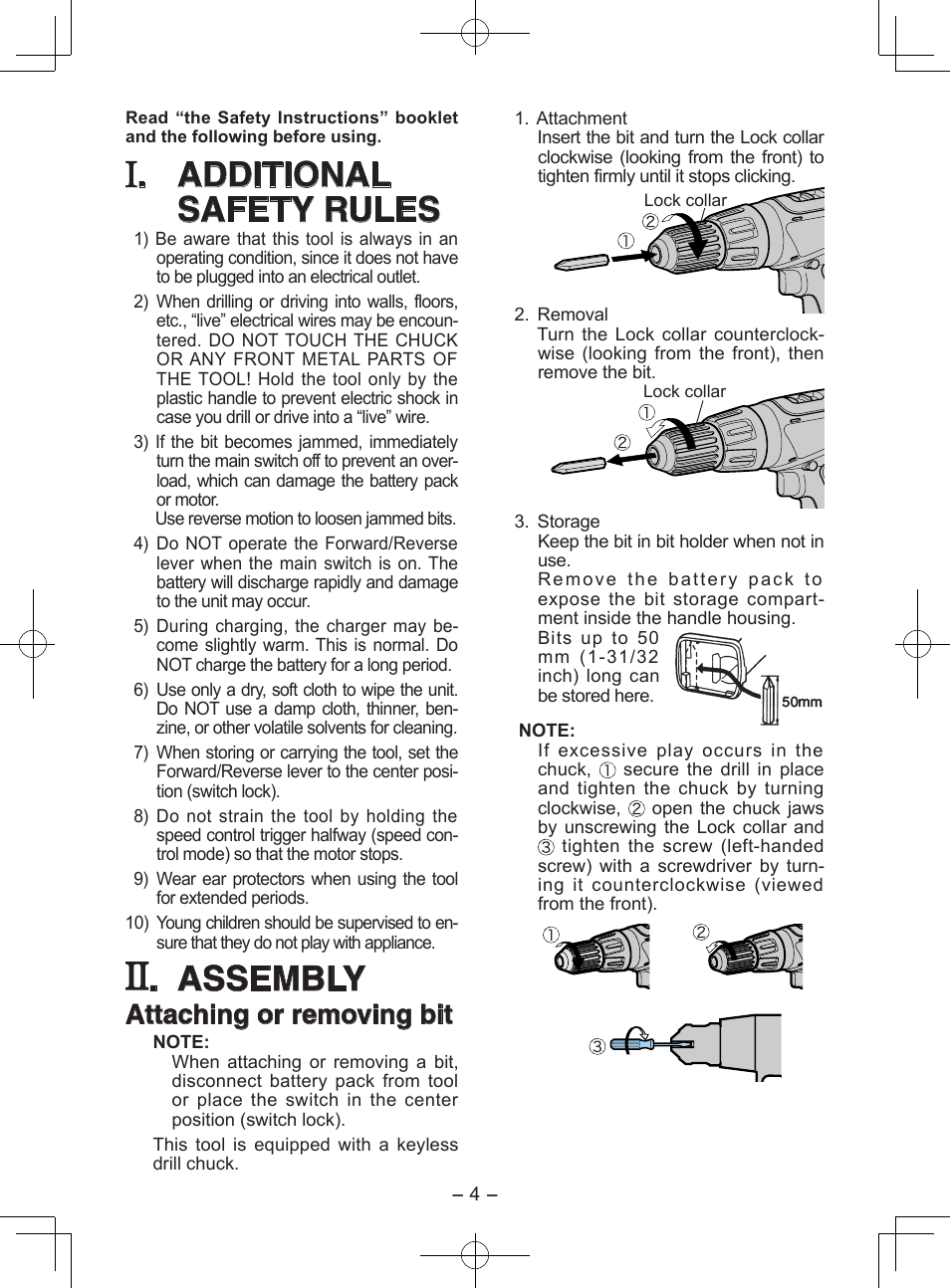 Additional safety rules, Assembly, Attaching or removing bit | Panasonic EY6950 User Manual | Page 4 / 68