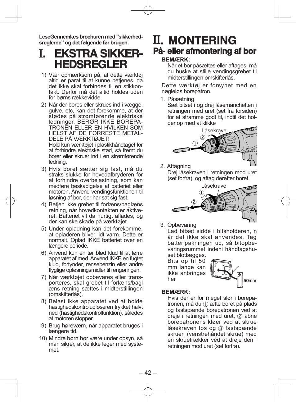 Ekstra sikker- hedsregler, Montering, På- eller afmontering af bor | Panasonic EY6950 User Manual | Page 42 / 68