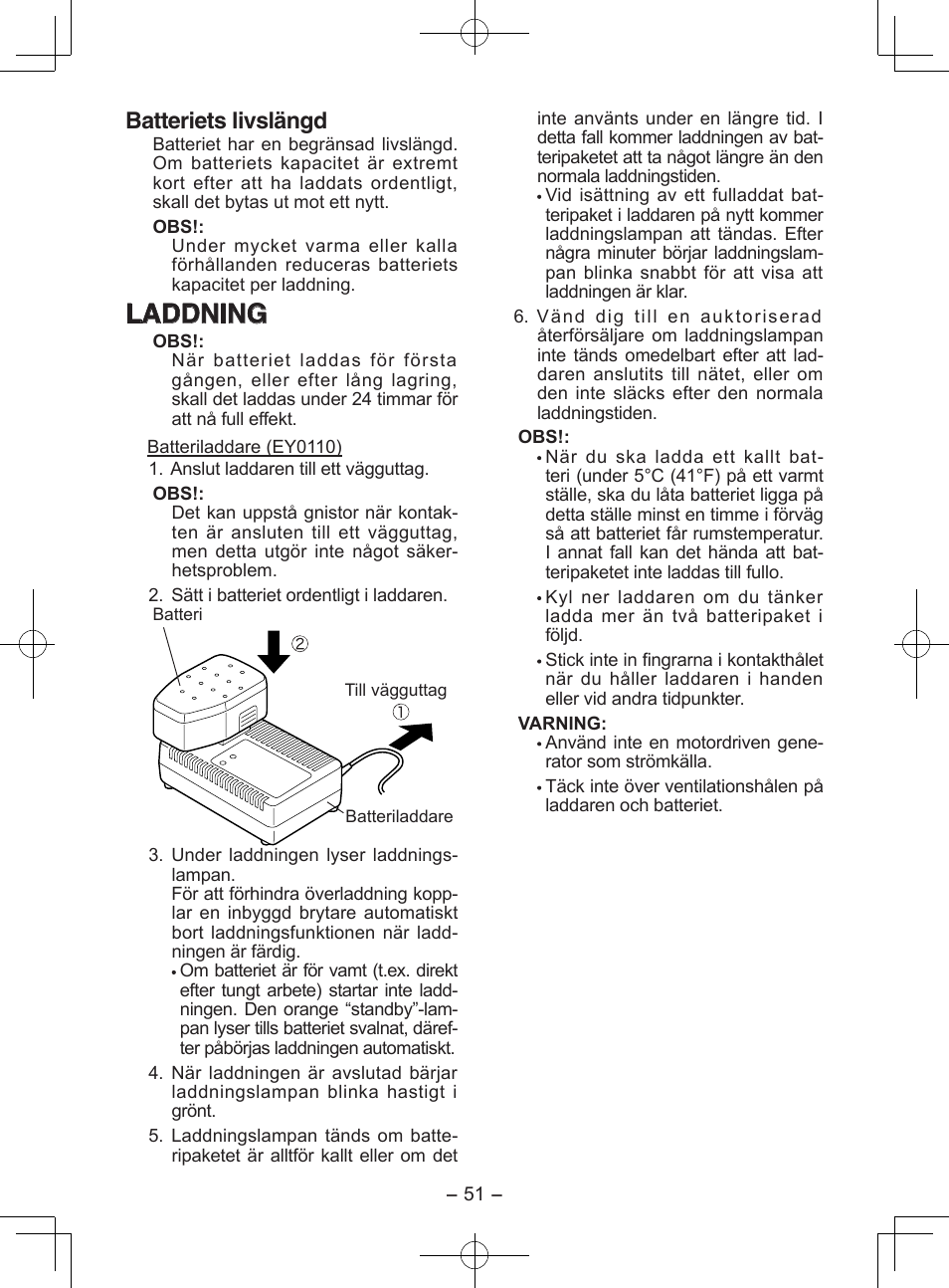 Laddning, Batteriets livslängd | Panasonic EY6950 User Manual | Page 51 / 68