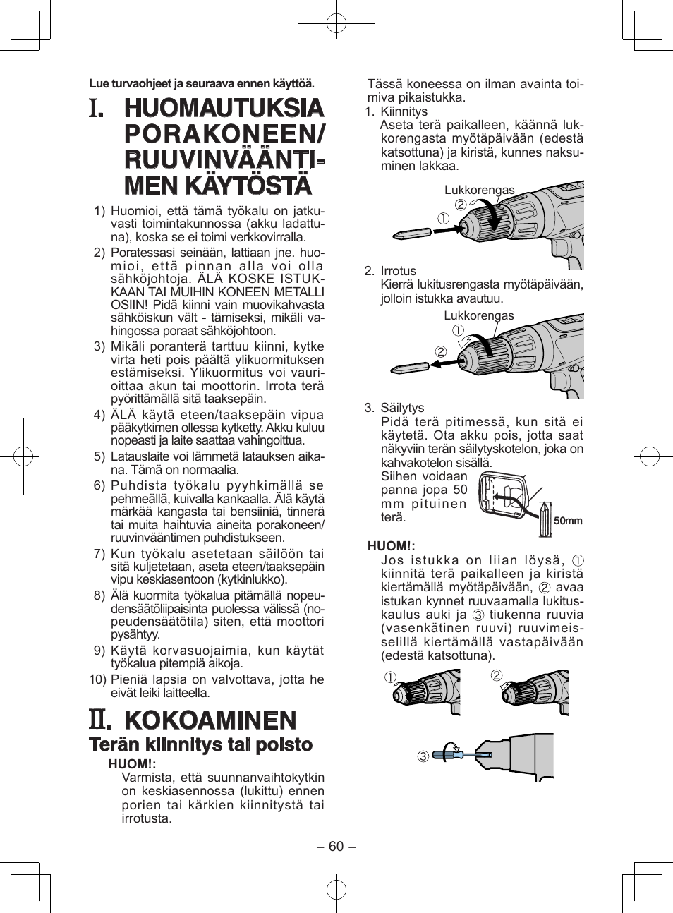 Kokoaminen, Terän kiinnitys tai poisto | Panasonic EY6950 User Manual | Page 60 / 68