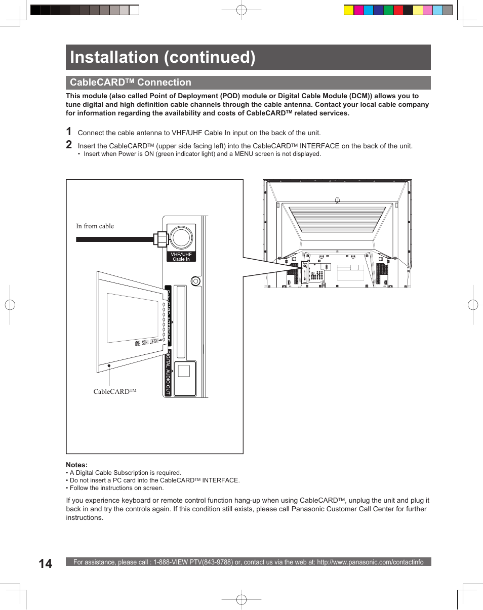 Installation (continued), Cablecard, Connection | Panasonic PT 56DLX75 User Manual | Page 14 / 80