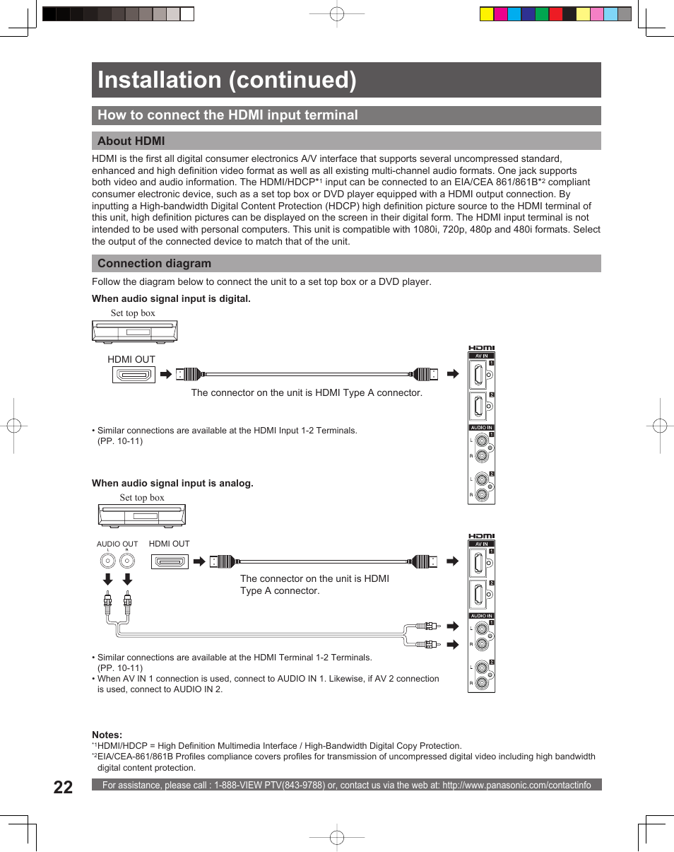 Installation (continued), How to connect the hdmi input terminal | Panasonic PT 56DLX75 User Manual | Page 22 / 80