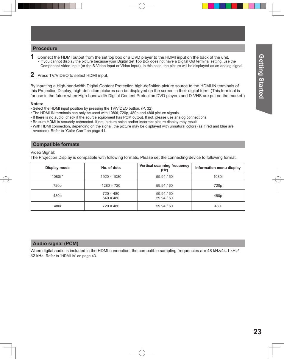Getting start ed | Panasonic PT 56DLX75 User Manual | Page 23 / 80