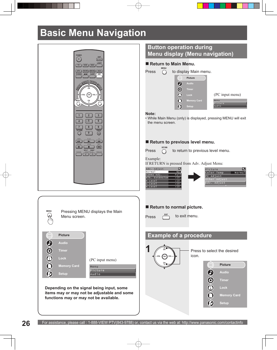 Basic menu navigation, Example of a procedure, Press to display main menu | Pc input menu) | Panasonic PT 56DLX75 User Manual | Page 26 / 80