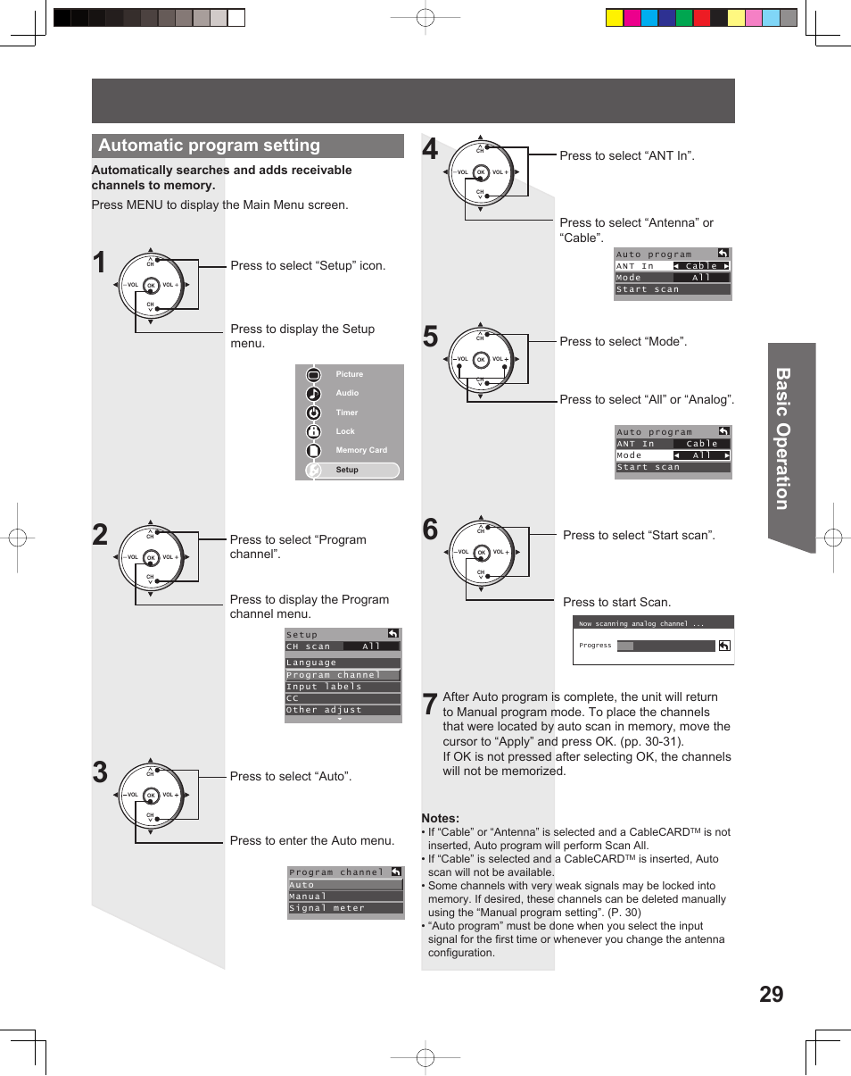 Basic operation, Automatic program setting | Panasonic PT 56DLX75 User Manual | Page 29 / 80