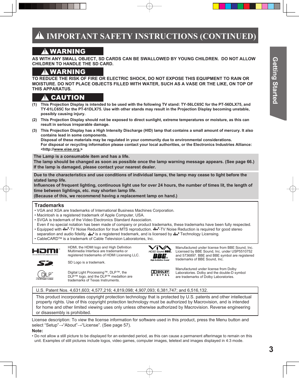 Important safety instructions (continued), Getting start ed, Warning | Caution | Panasonic PT 56DLX75 User Manual | Page 3 / 80