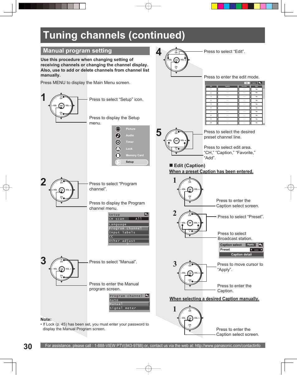 45 tuning channels (continued), Manual program setting, Edit (caption) | Press to enter the manual program screen, Press to enter the caption select screen | Panasonic PT 56DLX75 User Manual | Page 30 / 80