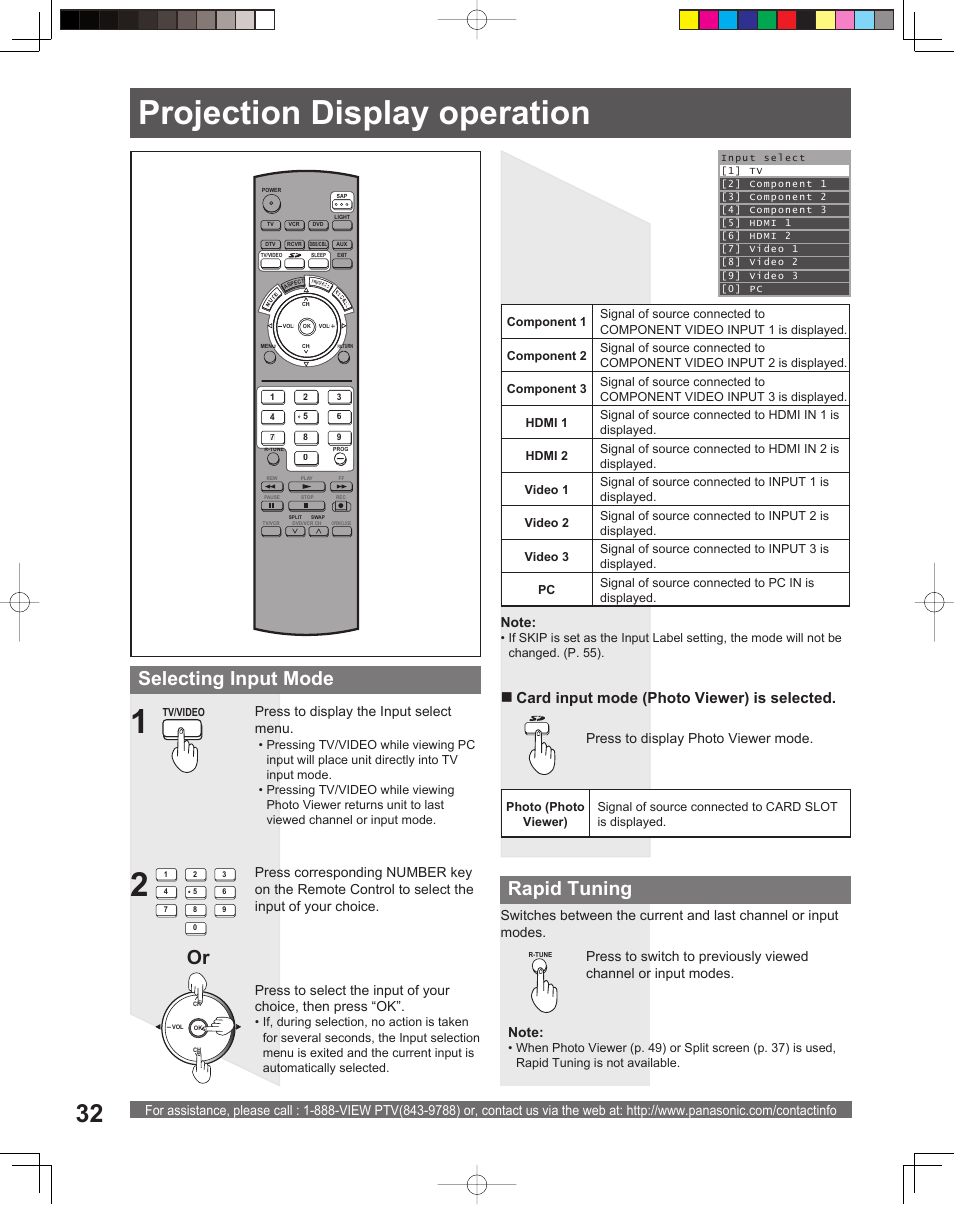Projection display operation, Rapid tuning, Selecting input mode | Card input mode (photo viewer) is selected, Press to display photo viewer mode | Panasonic PT 56DLX75 User Manual | Page 32 / 80