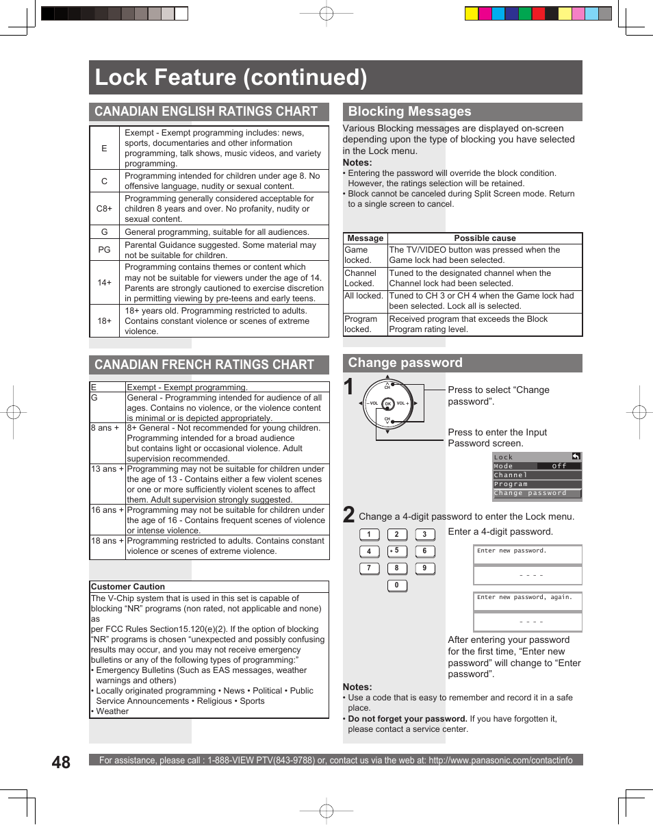 12 lock feature (continued), Canadian english ratings chart, Blocking messages | Change password, Canadian french ratings chart | Panasonic PT 56DLX75 User Manual | Page 48 / 80