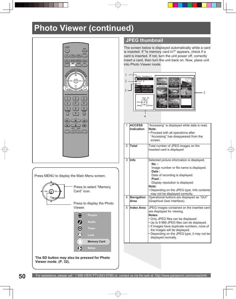 Photo viewer (continued), Jpeg thumbnail | Panasonic PT 56DLX75 User Manual | Page 50 / 80