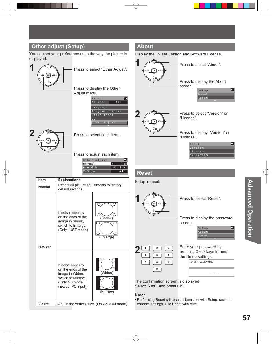 Advanced op er a tion, Other adjust (setup) about reset | Panasonic PT 56DLX75 User Manual | Page 57 / 80