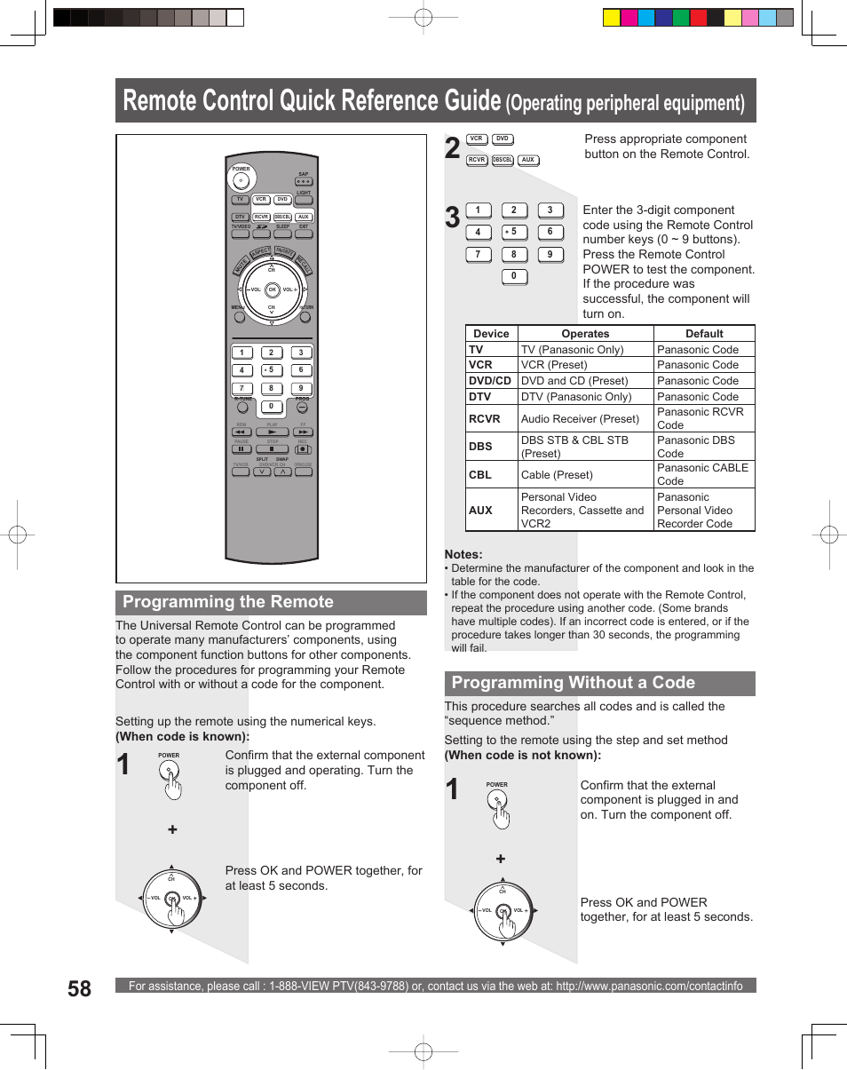 Information, Remote control quick reference guide, Operating peripheral equipment) | Programming the remote, Programming without a code | Panasonic PT 56DLX75 User Manual | Page 58 / 80