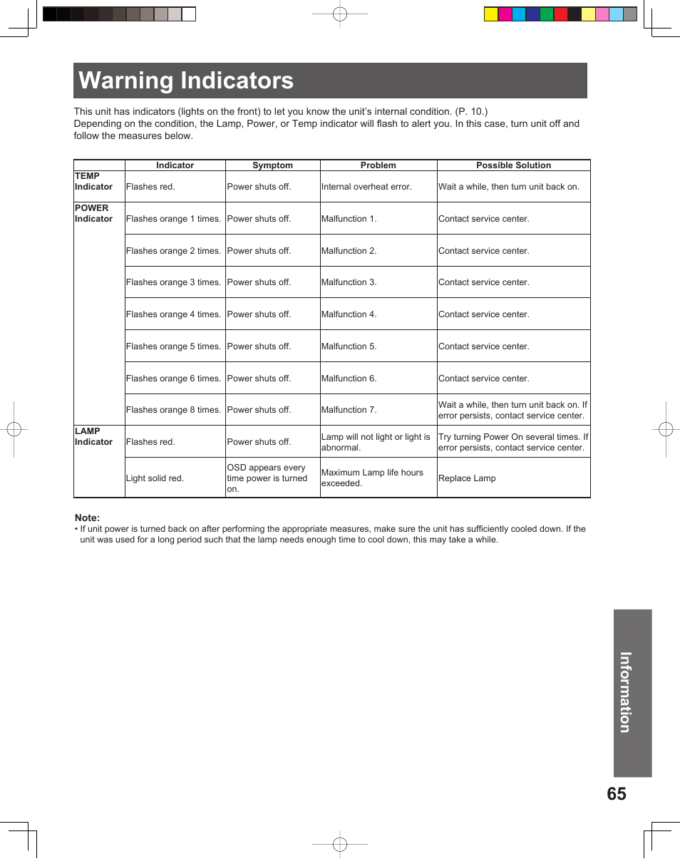 Warning indicators, Information | Panasonic PT 56DLX75 User Manual | Page 65 / 80