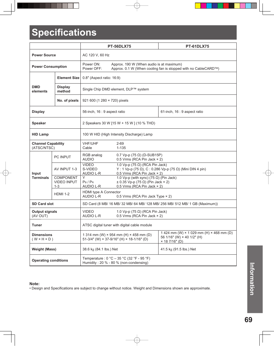 Specifications, Information | Panasonic PT 56DLX75 User Manual | Page 69 / 80